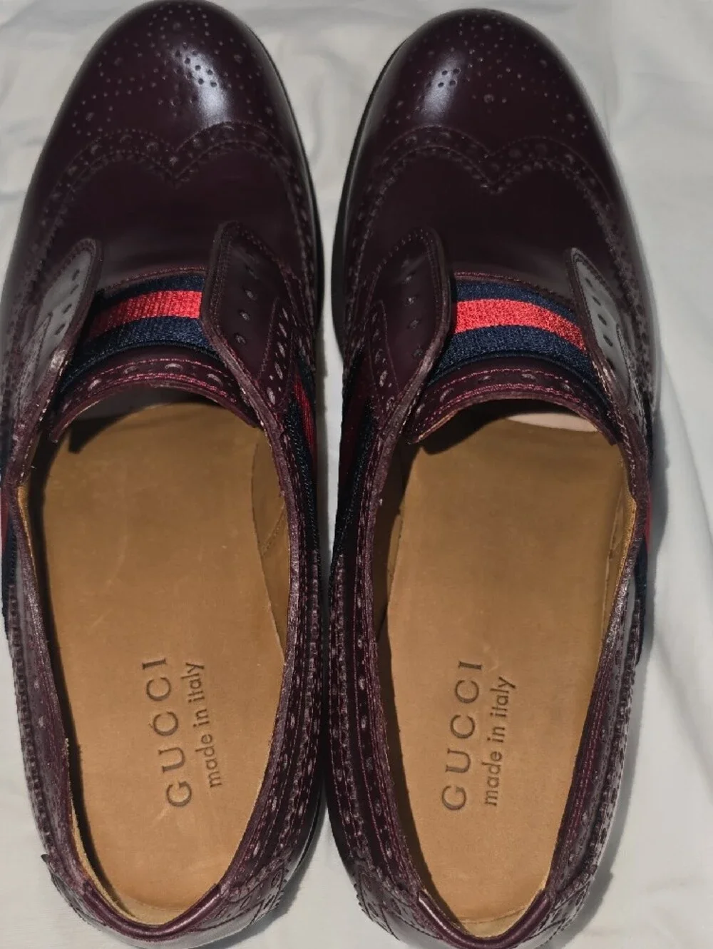 Gucci Calfskin Web Bee Slip-On Brogue Wingtip Oxfords